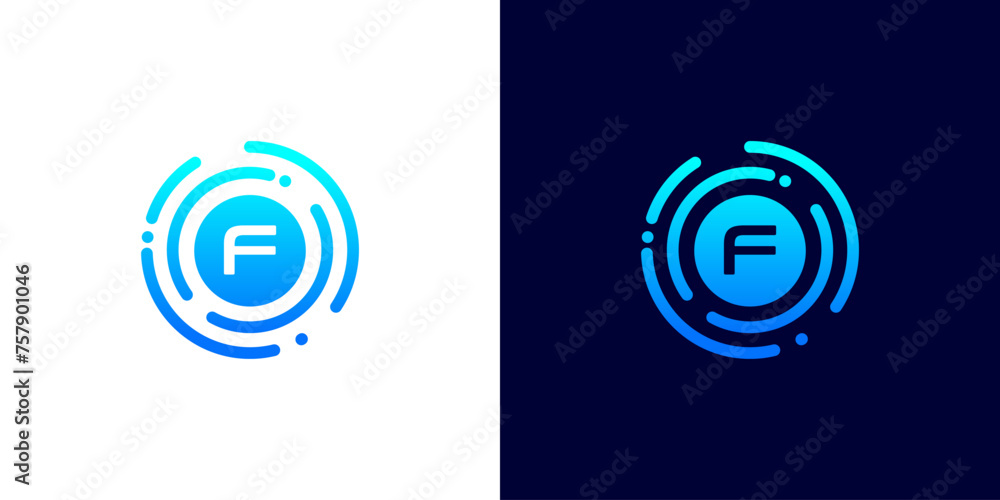 Letter F technology logo with circuit board line style circle for digital,data,connection Letter F technology logo with circuit board line style circle for digital,data,connection