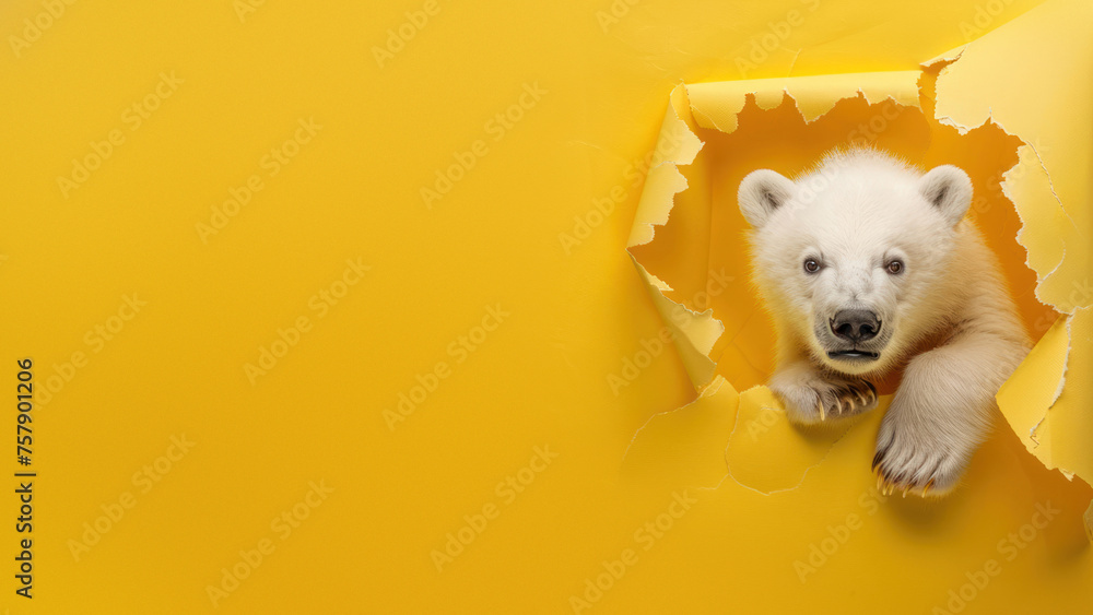 An endearing photo of a baby polar bear peeking through a torn yellow paper An endearing photo of a baby polar bear peeking through a torn yellow paper