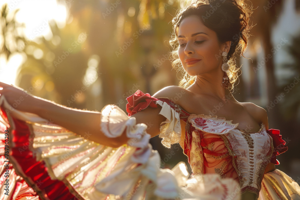 Beautiful female flamenco dancer in traditional dance dress. Generative AI - obrazy, fototapety, plakaty 