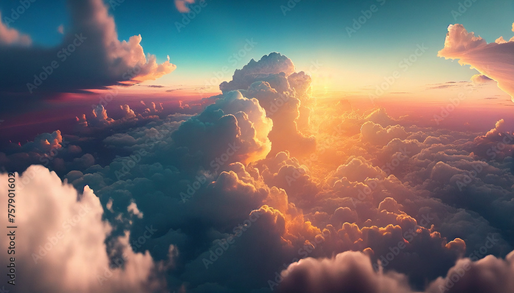 Aerial view of beautiful cloudscape at sunset. 3d illustration - obrazy, fototapety, plakaty 
