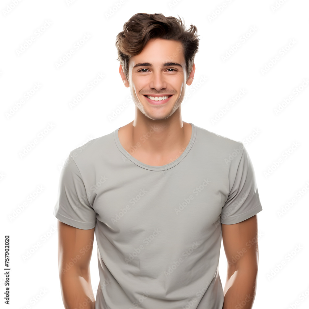 Obraz premium Young handsome man in grey t-shirt, isolated on transparent background