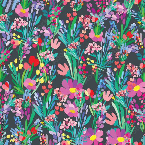 a seamless pattern of colorful flowers and leaves on a dark background