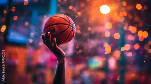 Basketball ball in the hand of a basketball player on bokeh background