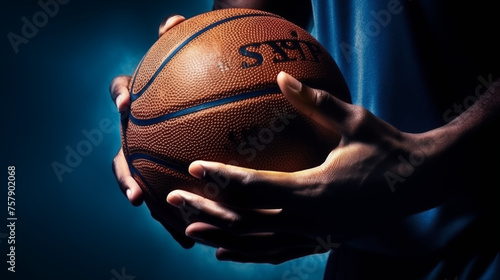 Basketball player holding a ball in his hands on a dark background © nddcenter