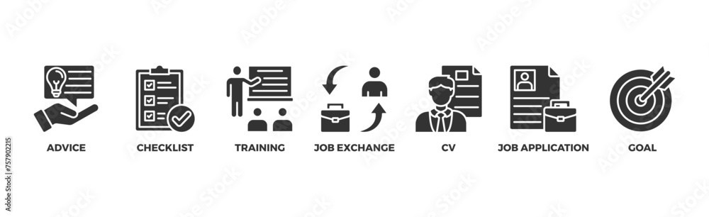 Career banner web icon vector illustration concept with icon of advice, checklist, training, job exchange, cv, job application and goal Career banner web icon vector illustration concept with icon of advice, checklist, training, job exchange, cv, job application and goal