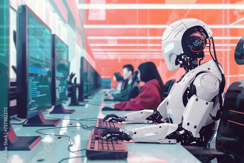 The robot works at a computer among people. The machine is typing on the keyboard in the office. IT team of the future. Futuristic worker. Support work