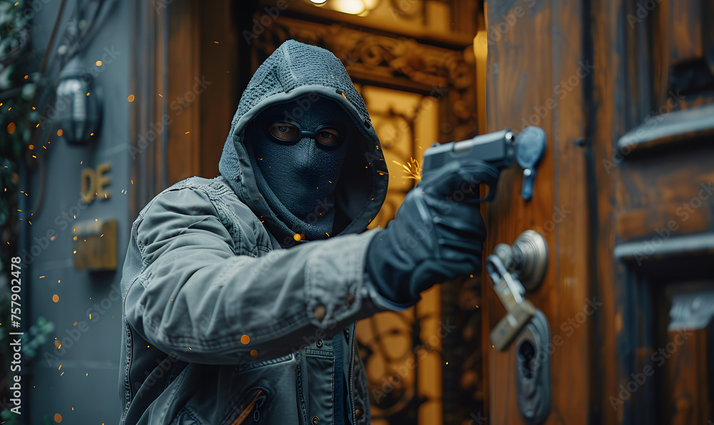 Person in hood holding a gun during a robbery. Intense urban crime scene. Security and law enforcement concept. Design for crime story, security training Person in hood holding a gun during a robbery. Intense urban crime scene. Security and law enforcement concept. Design for crime story, security training