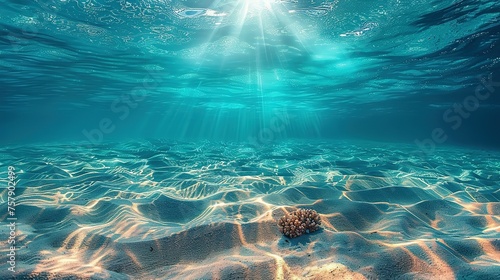 Seabed sand with blue tropical ocean above, empty underwater background with the summer sun shining brightly, creating ripples in the calm sea water photo