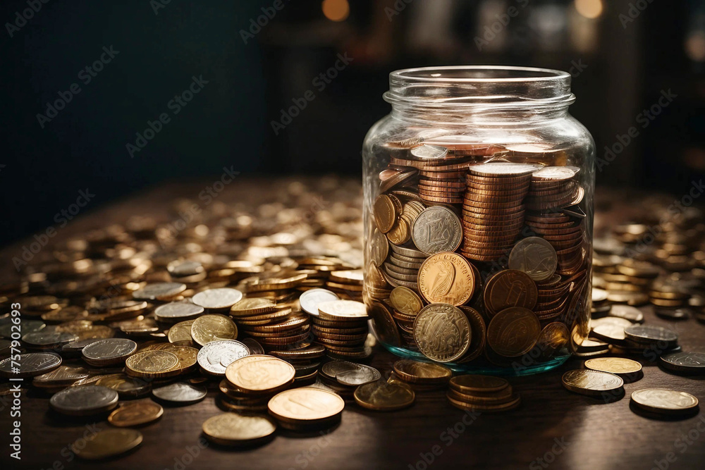 A jar of coins with International Day of Banks concept Ai generated A jar of coins with International Day of Banks concept Ai generated