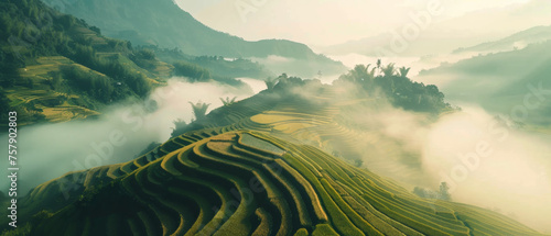 Misty morning unfolds over terraced rice fields in a serene valley.