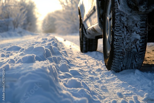 Winter tire. Detail of car tires in winter on the road covered with snow © Boraryn