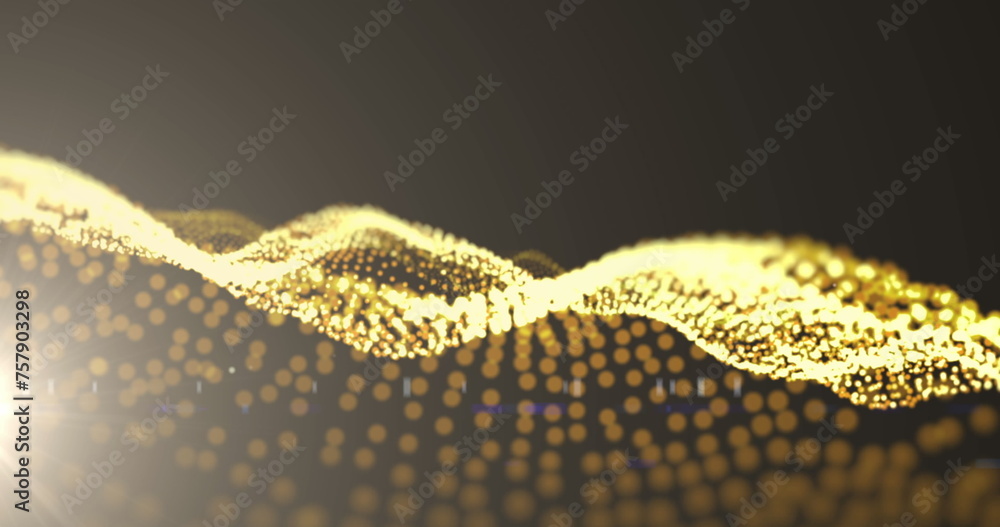 Image of abstract mesh with gold glowing spots floating and waving on brown background - obrazy, fototapety, plakaty 