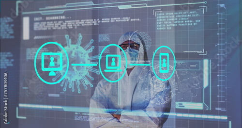 Image of screen with covid 19 cell and medical data processing over scientist in ppe suit