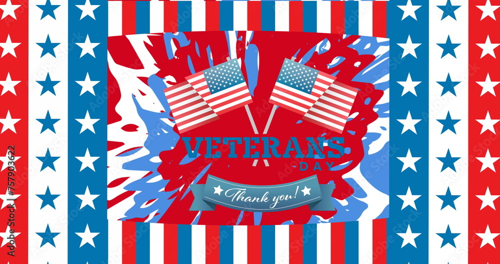 Obraz premium Image of veterans day thank you text with american flags, over stars and stripes patterns