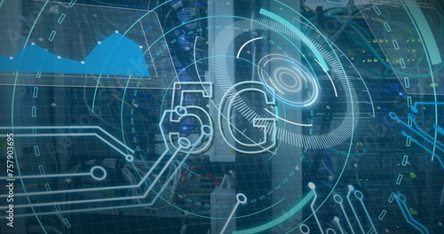 Image of 5g and processing circles over servers