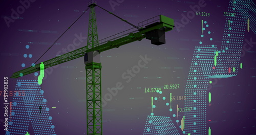 Image of crane, financial data processing and statistics