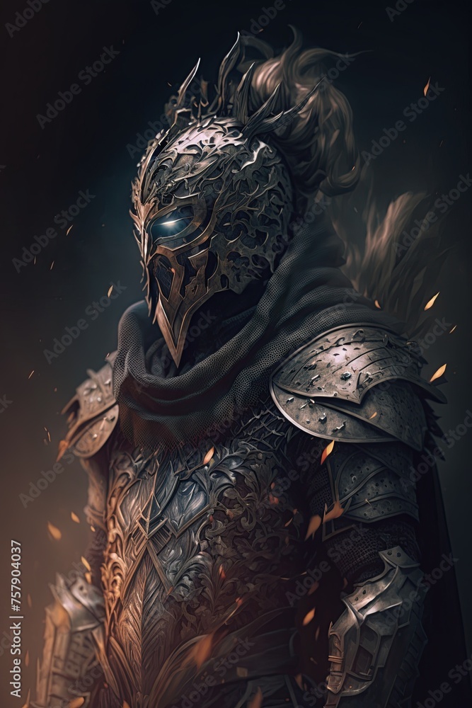 Knight warrior in fantasy metal aromor on dark background. Ai Generative