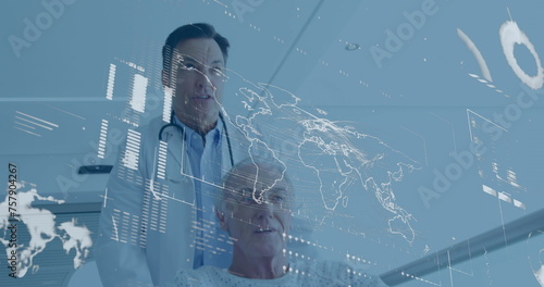 Image of data processing with world map over diverse doctor and patient at hospital