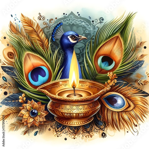 A watercolor illustration depicting a Thaipusam greeting card adorned with a diya lamp and a peacock and feather. photo