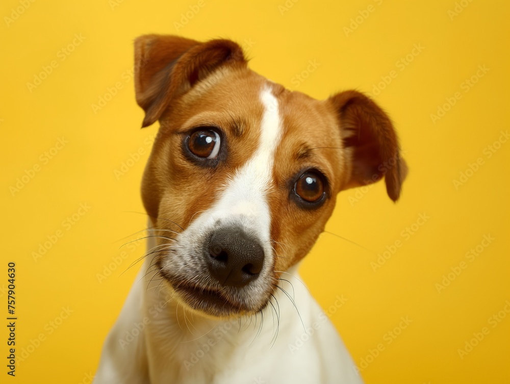 Close-up of a cute dog with a captivating gaze, isolated on a vibrant yellow backdrop.
