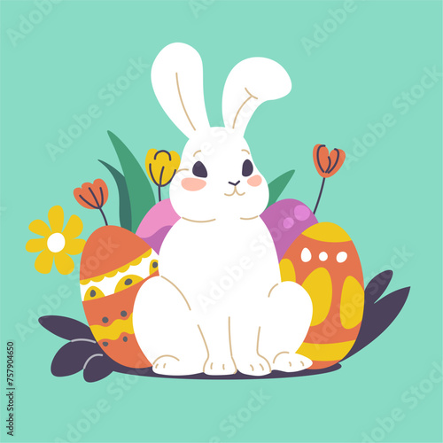 Cute rabbit for easter, eggs and spring flowers photo