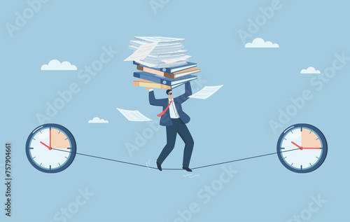 Time management skills, Working time limit or too little time left, Project management with excessive workload, Businessman carrying a lot of documents walks the tightrope. Vector design illustration.