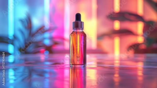 A bottle of perfume is sitting on a table with a plant in the background