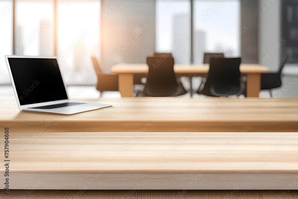 wooden table with blurred office scene wooden table with blurred office scene