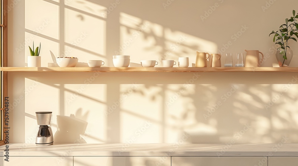 A kitchen counter with a coffee maker and a shelf with various cups and bowls A kitchen counter with a coffee maker and a shelf with various cups and bowls