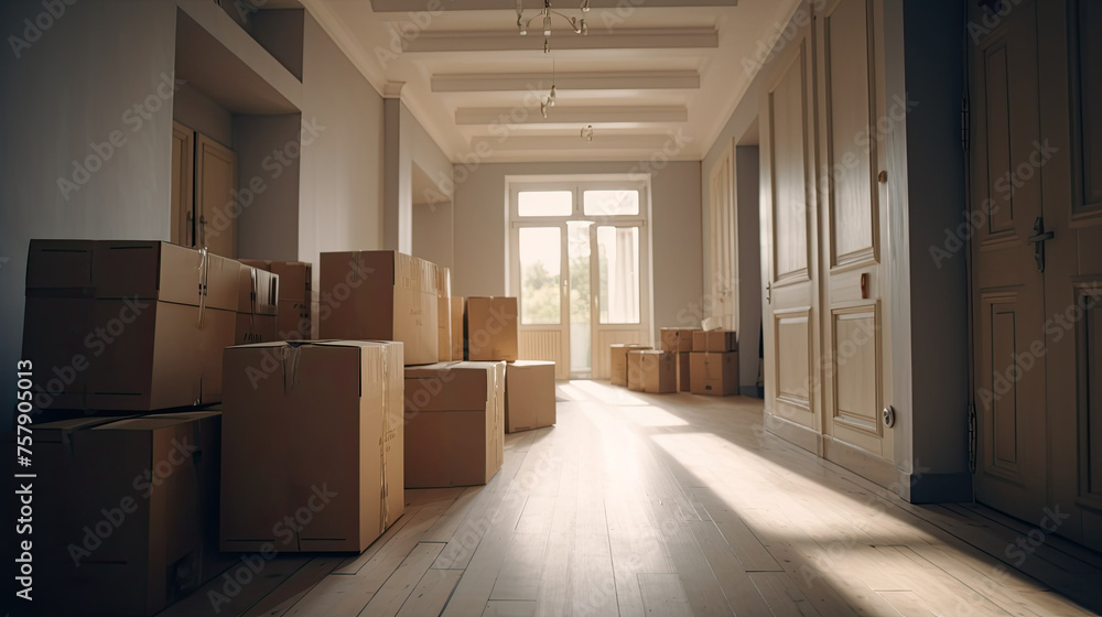 Moving Day with Cardboard Boxes in Spacious Room Moving Day with Cardboard Boxes in Spacious Room