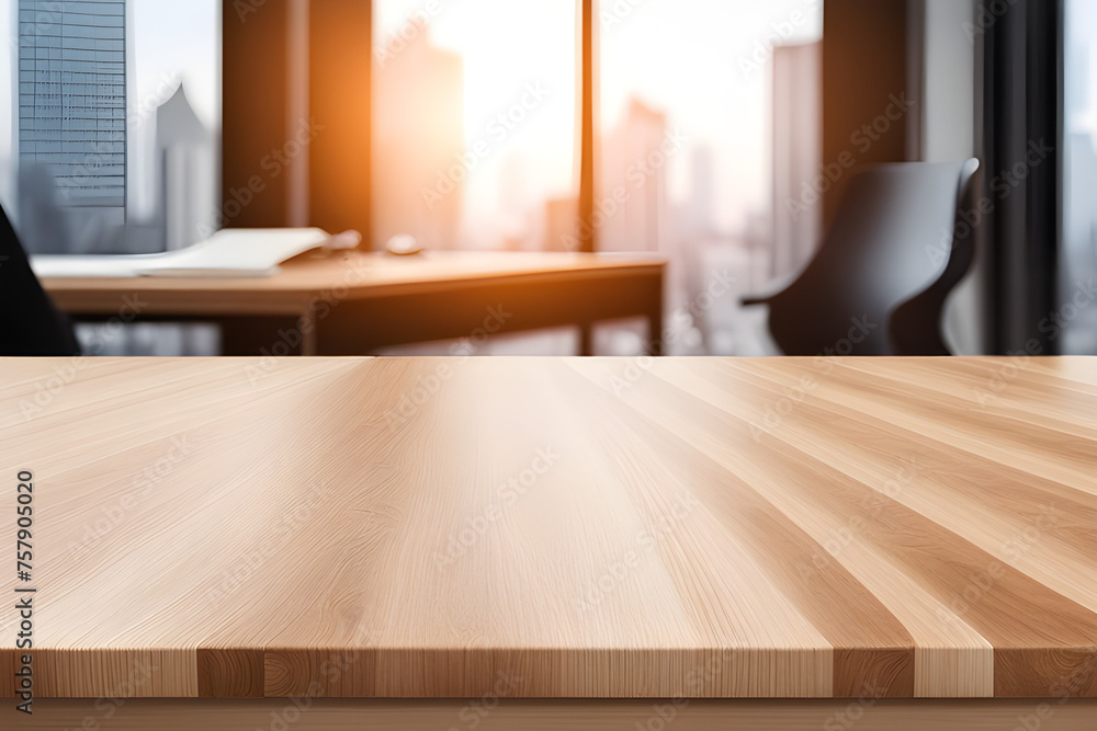 wooden table with blurred office scene - obrazy, fototapety, plakaty 