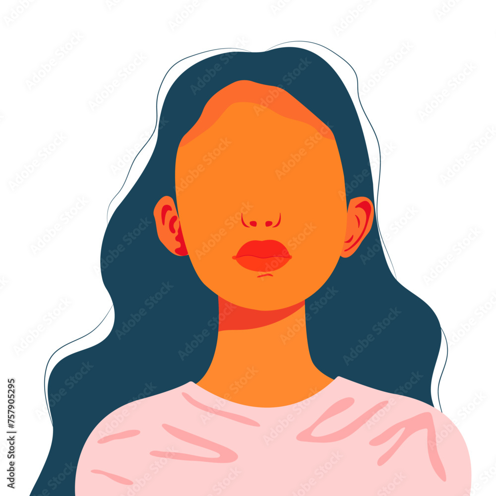 Frontal portrait of modern girl in soft pink jumper Faceless young woman. Isolated on white background Iector illustration in flat style . Image for postcards, covers, social media posts and avatars Frontal portrait of modern girl in soft pink jumper Faceless young woman. Isolated on white background Iector illustration in flat style . Image for postcards, covers, social media posts and avatars