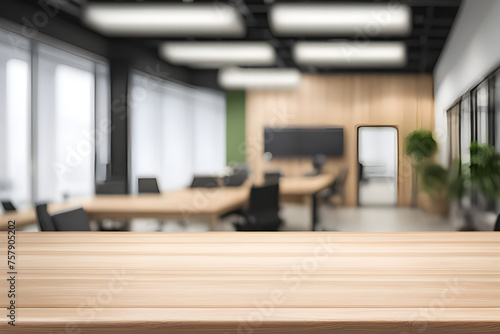 wooden table with blurred office scene photo