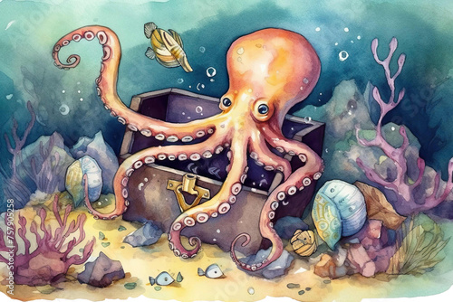 Illustration Treasure Watercolor Underwater Octopus