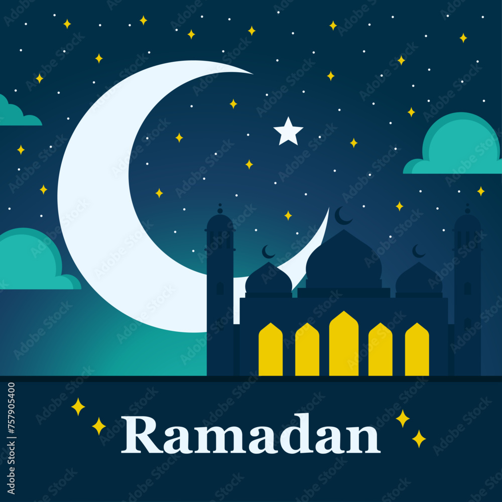 Postcard for Ramadan. Silhouette of a mosque and a large crescent and stars in the night sky. Vector illustration Postcard for Ramadan. Silhouette of a mosque and a large crescent and stars in the night sky. Vector illustration