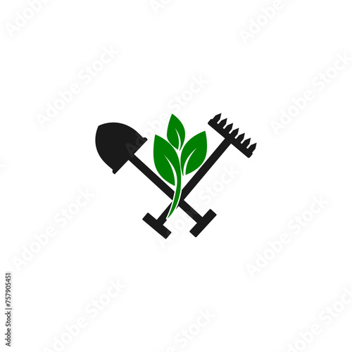 Icon with sprout and gardening tools silhouette  isolated on white background  