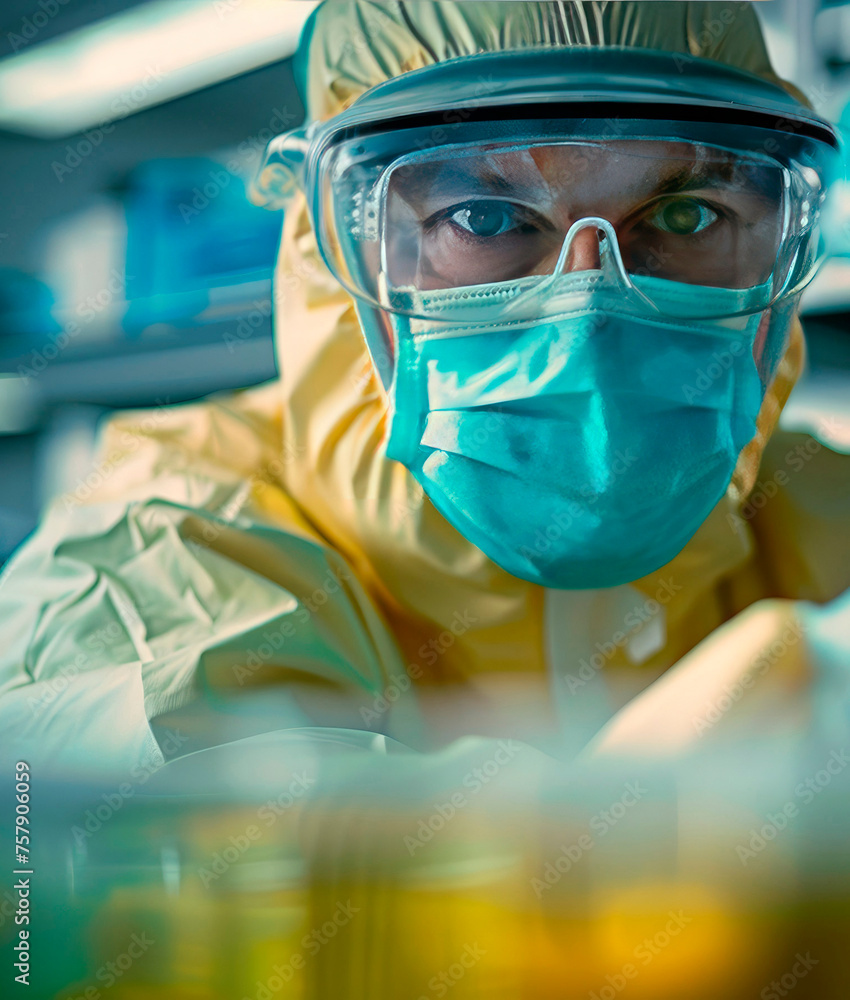 Scientist, researcher in a laboratory in a protective suit and mask working on new research Scientist, researcher in a laboratory in a protective suit and mask working on new research