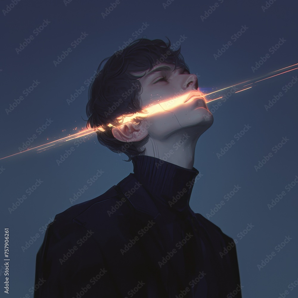 Glowing person with headlights, in the style of cyberpunk imagery, blue and orange. Glowing person with headlights, in the style of cyberpunk imagery, blue and orange.