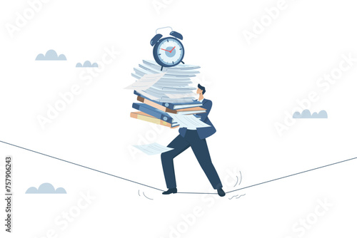 Overcoming difficult, dangerous, challenging, Lots of cumbersome documents, with time limits or too little time, Businessman carrying many documents and files walks on tightrope with alarm clock.
