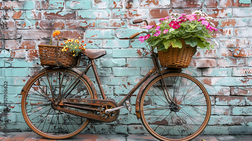 A vintage bicycle leaning against a weathered brick wall, adorned with baskets of vibrant flowers