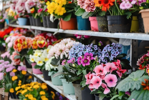 Variety of flowers in pots on shelves in flower shop © mariof