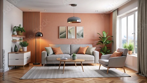 Sofa against salmon colored wall  scandinavian modern home interior living room