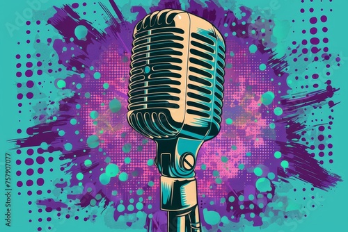 Old school microphone with a halftone background, in the style of comic books.