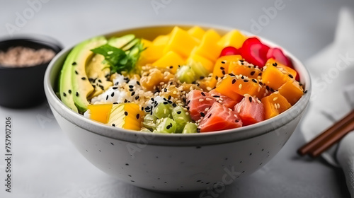 Colorful bowl of poke bowl with fresh salmon