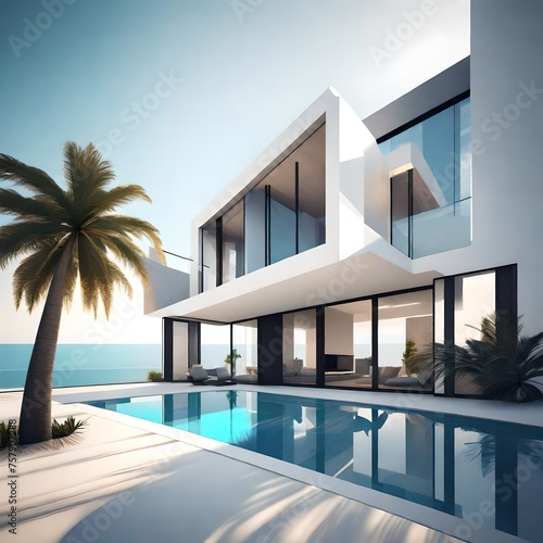 Exterior of amazing modern minimalist cubic villa with large swimming pool among palm trees. © Abdul Haseeb