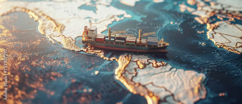 Miniature cargo ship traversing a map's ocean routes.