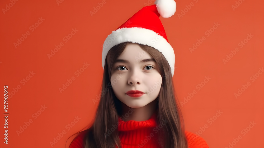 concept. with a place for text. smile young girl wearing red Christmas santa claus hat concept. with a place for text. smile young girl wearing red Christmas santa claus hat