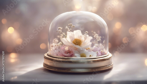 Delicate flowers on a stand covered with a glass dome against a bokeh background copy space, AI generated