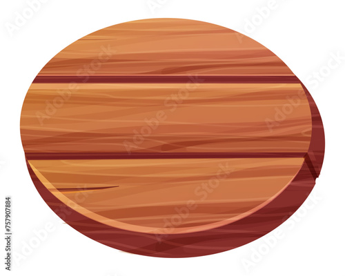 Wooden oval panel, game menu or signboard, ui element, button for interface. Rustik circle board from planks isolated on white background.