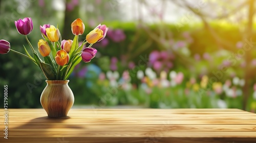 wooden table with a vase of tulips